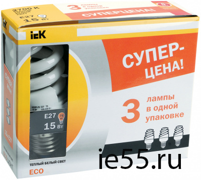 Лампа спираль КЭЛP-FS Е27 15Вт 2700К ПРОМОПАК 3 шт IEK-eco